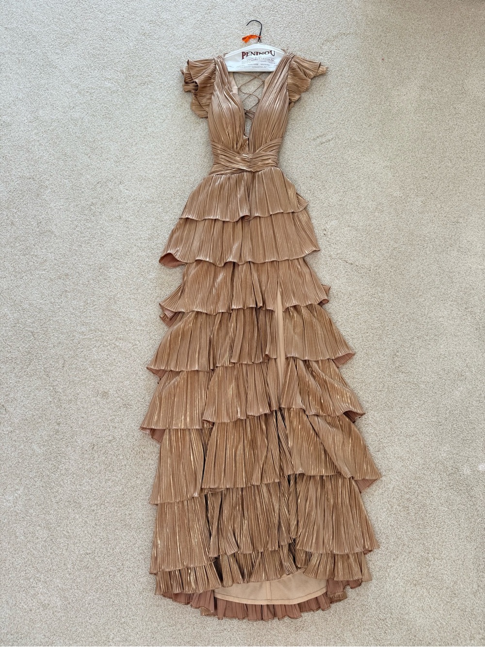 Mac Duggal Gold Tiered Ruffle Lace-Back Evening Gown - Picture 11 of 11